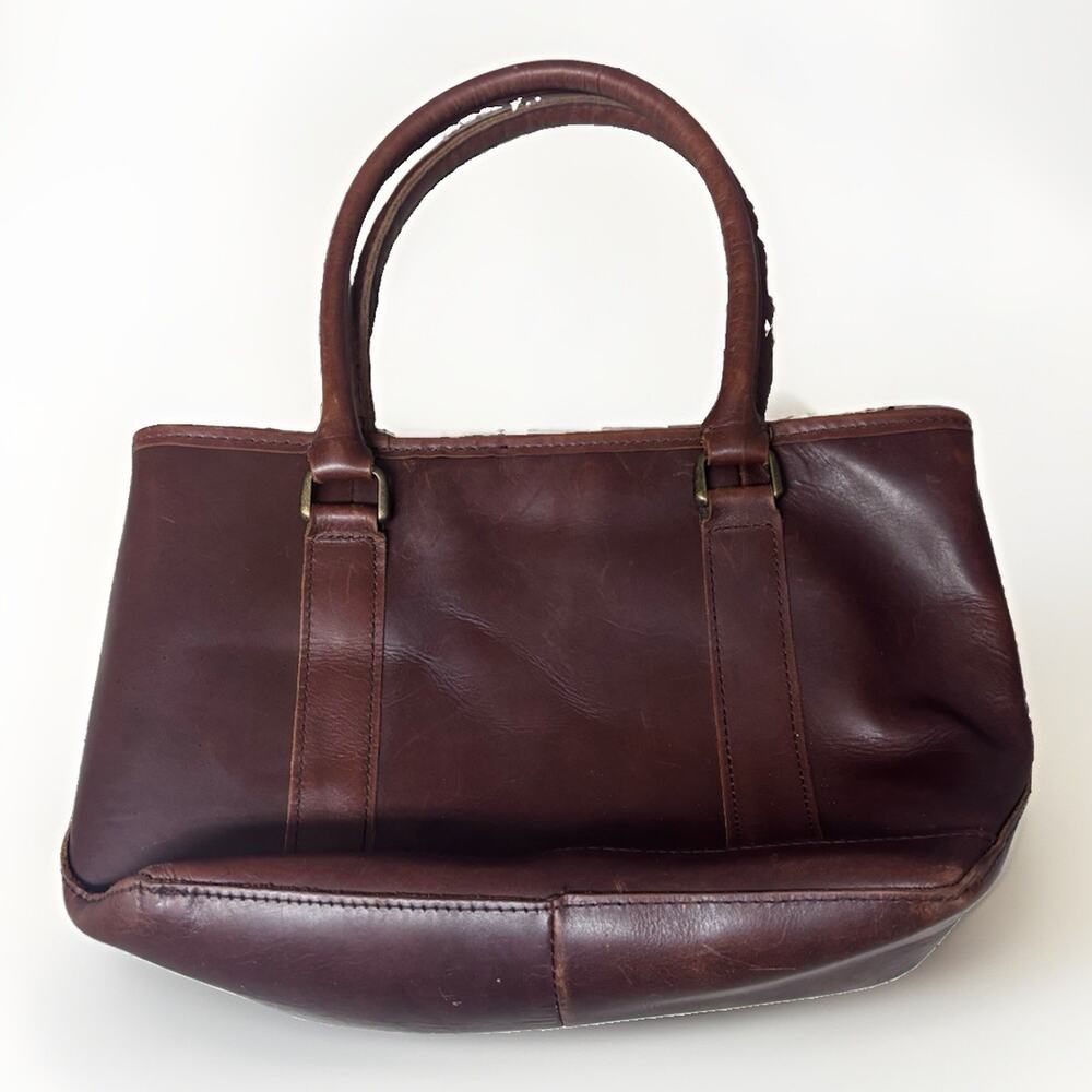 LL Bean Brown Leather Tote Handbag Purse Double Handle Zip Top